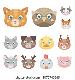 Muzzles of animals cartoon icons in set collection for design. Wild and domestic animals vector symbol stock web illustration.