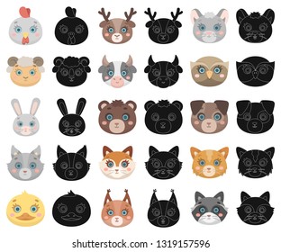 Muzzles of animals cartoon,black icons in set collection for design. Wild and domestic animals vector symbol stock web illustration.