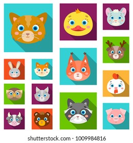Muzzles of animals flat icons in set collection for design. Wild and domestic animals vector symbol stock web illustration.
