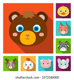 Muzzles of animals flat icons in set collection for design. Wild and domestic animals vector symbol stock web illustration.