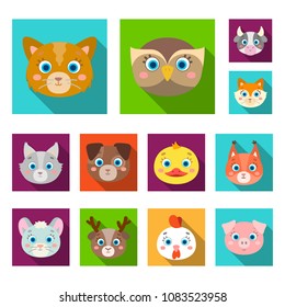 Muzzles of animals flat icons in set collection for design. Wild and domestic animals vector symbol stock web illustration.