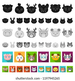 Muzzles of animals flat icons in set collection for design. Wild and domestic animals vector symbol stock web illustration.