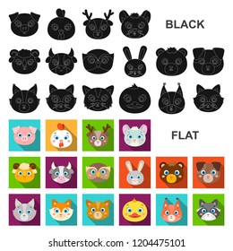 Muzzles of animals flat icons in set collection for design. Wild and domestic animals vector symbol stock web illustration.