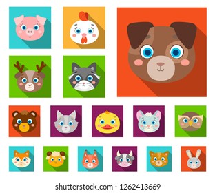 Muzzles of animals flat icons in set collection for design. Wild and domestic animals vector symbol stock web illustration.