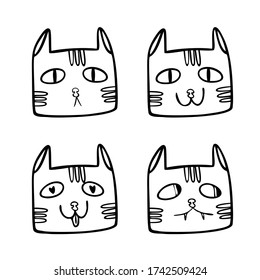 Muzzles of cats with different emotions. Vector illustration in Doodle style. A set of six feline emotions. You can use it as icons or as a character for your brand.
