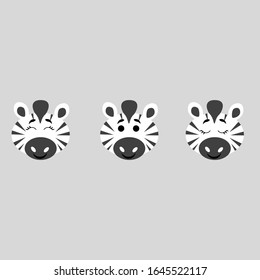 Muzzles of a cute zebra with open and closed eyes isolated on background. Stock vector illustration for decoration and design, postcards, fabrics, packaging, baby textiles, poster, banner, books.