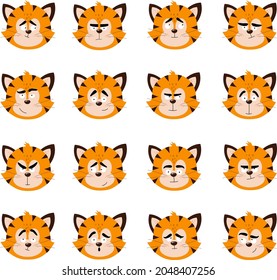 The muzzles of tiger cubs with different emotions. Vector illustration for postcards, banners, the Internet, decor, design, art, calendar. Greeting card template "Year of the Tiger" 2022.