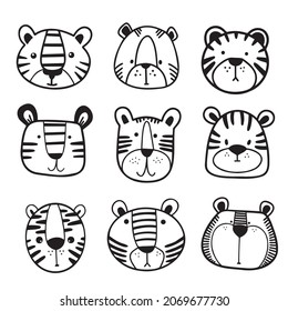 The muzzles of tiger cubs. Symbol of new 2022 year on white background. Vector illustration for postcard, banner, web, decor, design, arts. 