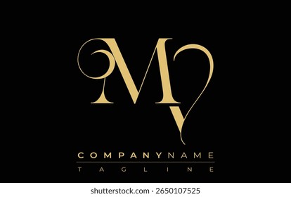 MV Abstract Creative Jewelry Logo. A stylish logo featuring golden monogram initials in an elegant and modern typography, perfect for branding