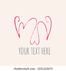 MV abstract monogram logo.Signature style typographic icon with brush script letters and heart shape.Pink lettering sign isolated on light background.Calligraphy hand drawn ornate alphabet initials.