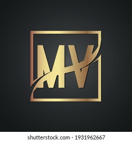 MV creative luxury letter logo with golden color