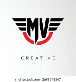 Logotipo de la letra de las alas creativas de MV con el escudo moderno - símbolo potente del negocio y de la marca	
