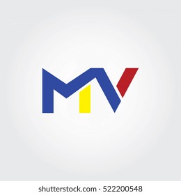 MV flat initial letter logo combining yellow, blue and red