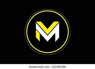 MV initial letter linked uppercase logo yellow white in black background.