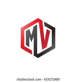 MV initial letters looping linked hexagon logo black red