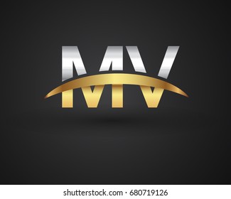 MV initial logo company name colored gold and silver swoosh design. vector logo for business and company identity.
