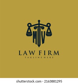 MV initial monogram for lawfirm logo with sword and scale