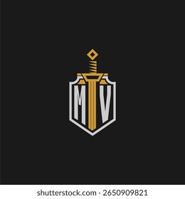 Monograma inicial MV para imagem de escudo e espada