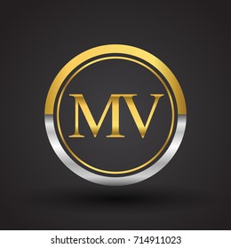 MV Letter logo in a circle, gold and silver colored. Vector design template elements for your business or company identity.