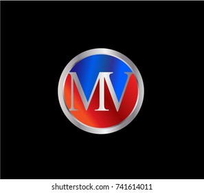 MV Letter logo Design in a circle. Blue Red and silver colored
