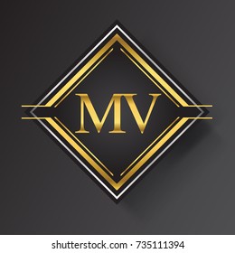 MV Letter logo in a square shape gold and silver colored geometric ornaments. Vector design template elements for your business or company identity.