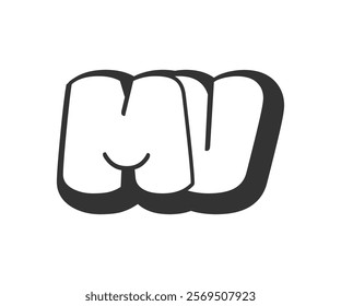 MV logo, bubble comic lettering, rounded in graffiti style black and white silhouette. Trendy preschool M and V letter text for festival party, personal initials, children funky print and web. 