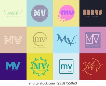 MV logo company template. Letter m and v logotype. Set different classic serif lettering and modern bold text with design elements. Initial font typography. Collection trendy business identity.