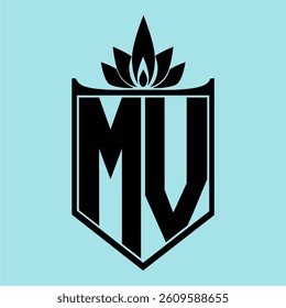 MV Logo featuring a minimalist design with a crown-like flower symbol on top, bold black elements, and a soft blue background, perfect for branding and modern visual identity.