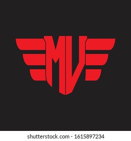 MV Logo monogram with emblem and wings element design template on red colors
