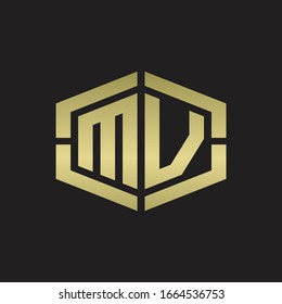 MV Logo monogram with hexagon shape and piece line rounded design tamplate on gold colors