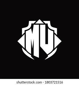 Monograma del logotipo de MV con línea de protección y plantilla de diseño de 3 flechas sobre fondo negro