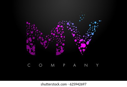 MV M V Letter Logo with Purple Blue Particles and Bubble Dots Design Vector.