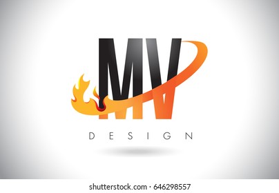 MV M V Letter Logo Design with Fire Flames and Orange Swoosh Vector Illustration.
