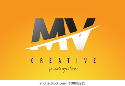 MV M V Letter Modern Logo Design with Swoosh Cutting the Middle Letters and Yellow Background.