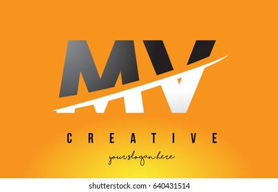 MV M V Letter Modern Logo Design with Swoosh Cutting the Middle Letters and Yellow Background.