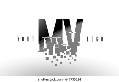 MV M V Pixel Letter Logo with Digital Shattered Black Squares. Creative Letters Vector Illustration.