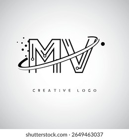 Logotipo de Monograma de Órbita MV - Marca de Letra Mínima Futurista com Linha de Arte Circular, Pontos Inspirados na Tecnologia e Conceito de Movimento Espacial para Identidade de Marca Moderna