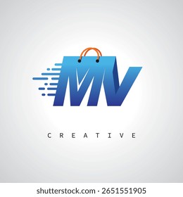 MV Shopping Monogram – Entrega rápida Logotipo de comercio electrónico con el icono del bolso y la marca digital para la tienda en línea, venta al por menor e identidad logística
