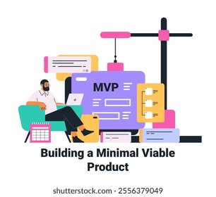 MVP development concept man with laptop colorful elements crane office setting business strategy technology design