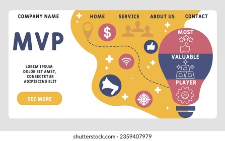MVP - Die wertvollste Akronym des Spielers. Hintergrund des Unternehmenskonzepts.  Vektorgrafik-Konzept mit Schlagwörtern und Symbolen. Buchstabengrafik mit Symbolen für Webbanner, Flyer, Landung