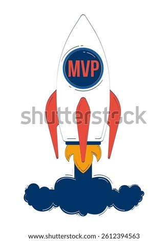 MVP startup rocket launch 2D doodle object. Business takeoff. Viable product blasting off with smoke cartoon element flat vector clipart isolated on white background. Hand drawn illustration