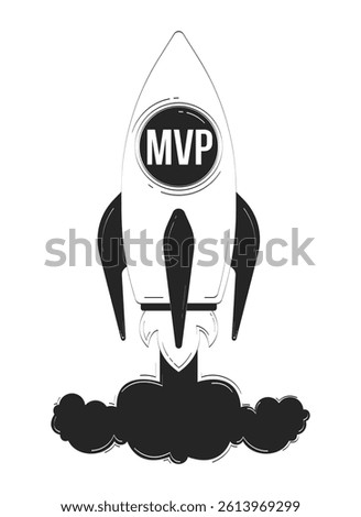 MVP startup rocket launch doodle linear object. Business takeoff. Viable product blasting off with smoke 2D vector outline clip art drawing isolated on white. Hand drawn sketch illustration