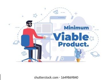 MVP vector illustration of young people. Man is sitting with computer. Flat concept design of minimum viable product. Minimum viable product. Minimal valuable product.