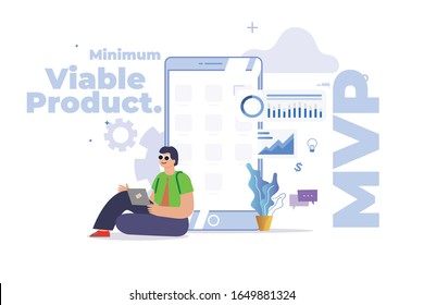 MVP vector illustration of young people. Marketing company. Flat concept design of minimum viable product. Minimum viable product. Minimal valuable product.