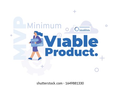 MVP vector illustration of young people. Girl is walking with credit card in hands. Flat concept design of minimum viable product. Minimum viable product. Minimal valuable product.
