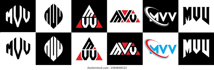 MVV letter logo design in six style. MVV polygon, circle, triangle, hexagon, flat and simple style with black and white color variation letter logo set in one artboard. MVV minimalist and classic logo