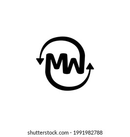 "MW" letters with moving arrows. MW logo. MW with round arrows monogram.  