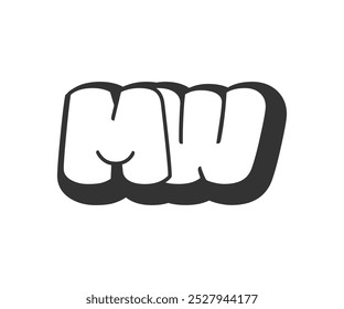 MW logo, bubble comic lettering, rounded in graffiti style black and white silhouette. Trendy preschool M and W letter text for festival party, personal initials, children funky print and web. Vector