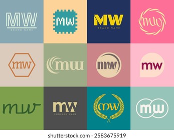 MW logo company template. Letter m and w logotype. Set different classic serif lettering and modern bold text with design elements. Initial font typography. Collection trendy business identity.