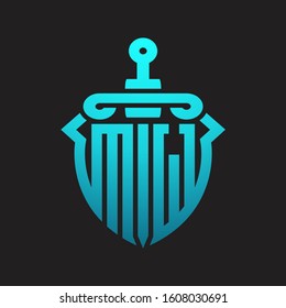 MW Logo monogram with sword and shield combination isolated blue colors gradient